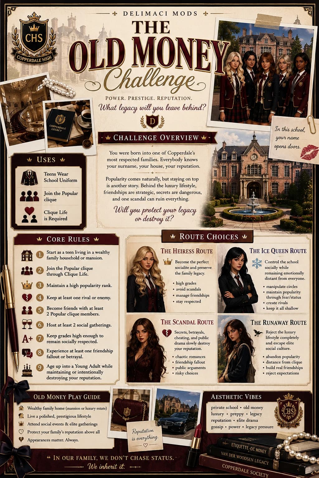 The Old Money Challenge Sims 4 challenge infographic preview
